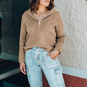 Ribbed Collar Long Sleeve Half Zip Pullover Sweater / Jumper - Caramel Beige - M